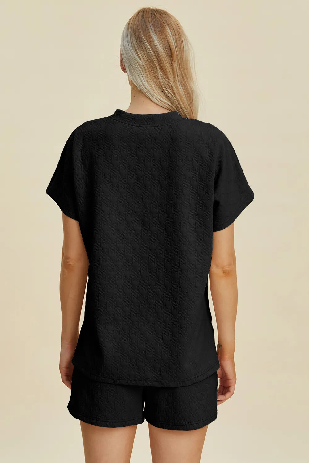 Image of Double Take Full Size Texture Round Neck Short Sleeve Top and Shorts Set | Queeble.shop