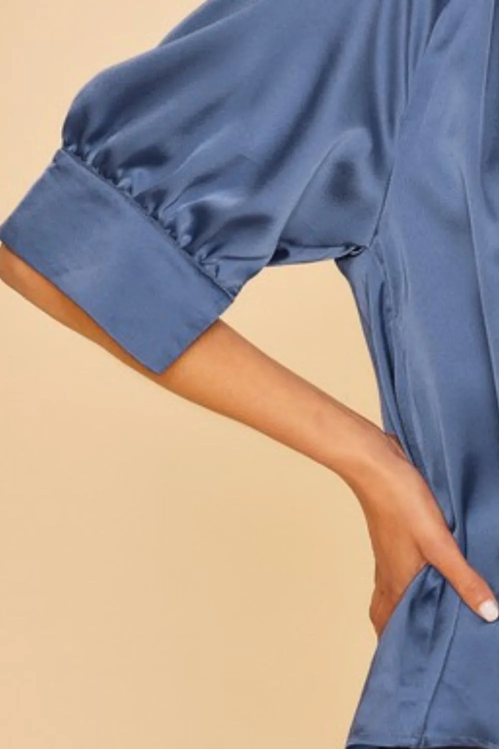 Image of Annie Wear Satin V Neck Open Short Sleeve Woven Blouse Top | Queeble.shop