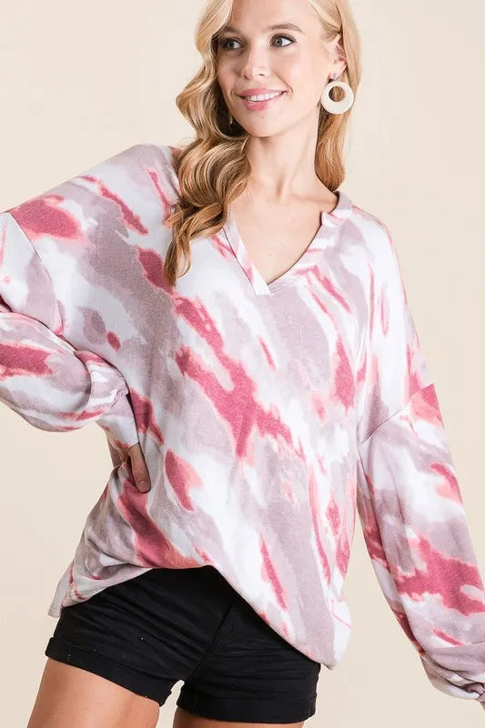 Image of BiBi Tie Dye French Terry Top with Balloon Sleeves | Queeble.shop