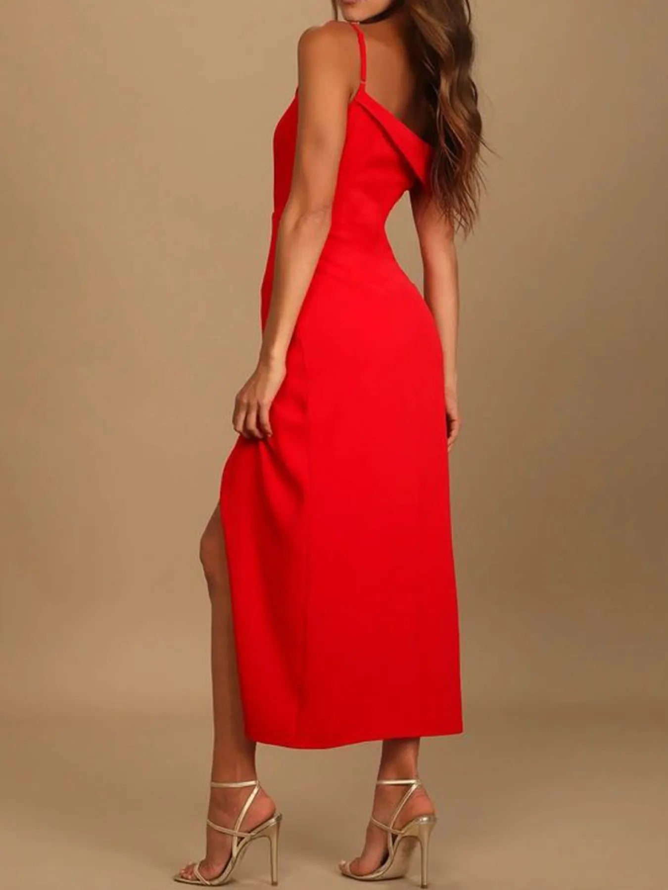 Image of Split Asymmetrical Neck Midi Dress | Queeble.shop