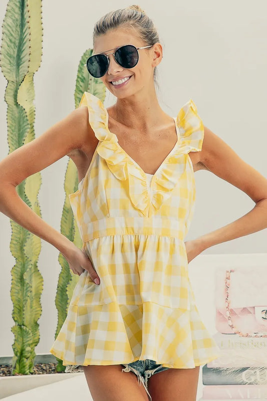 Image of BiBi Ruffled Neckline Sleeveless Check Plaid Peplum Top | Queeble.shop