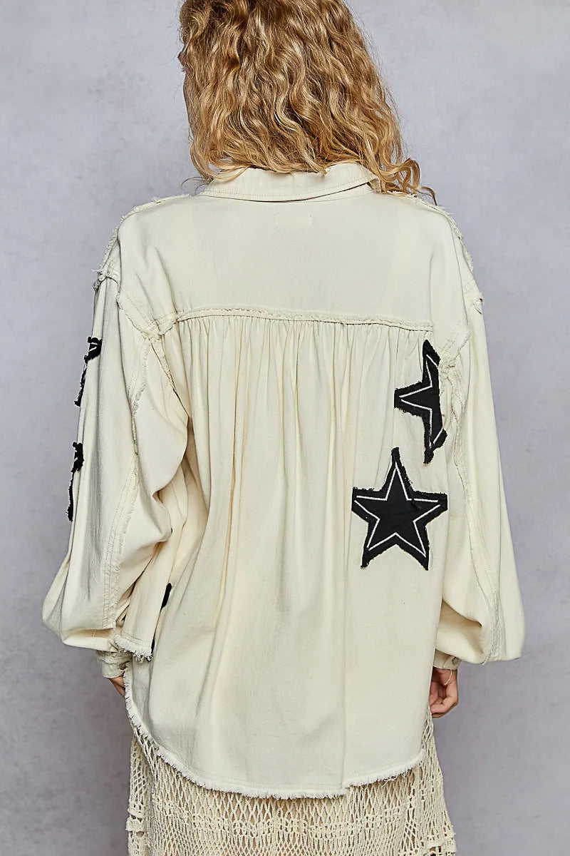 Image of POL Star Patch Raw Hem Button Up Denim Jacket | Queeble.shop