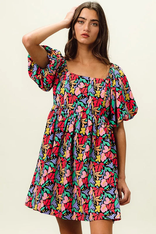 Image of BiBi Floral Print Puff Square Neck Dress | Queeble.shop