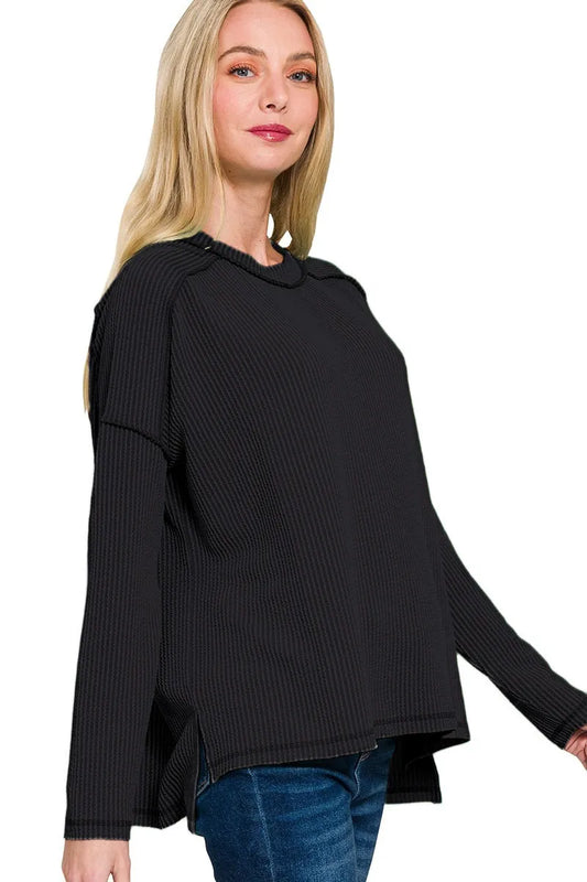 Image of Zenana Full Size Exposed Seam Long Sleeve Corded Rib Knit Top Plus Size | Queeble.shop