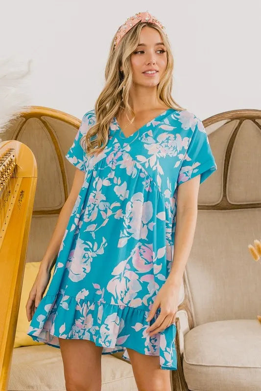 Image of BiBi Floral Crinkle Shirred Ruffle Detail V Neck Dress | Queeble.shop