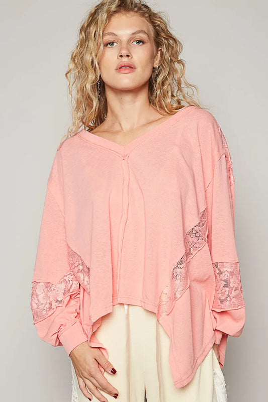 Image of POL V-Neck Long Sleeve T-Shirt with Lace Detail | Queeble.shop