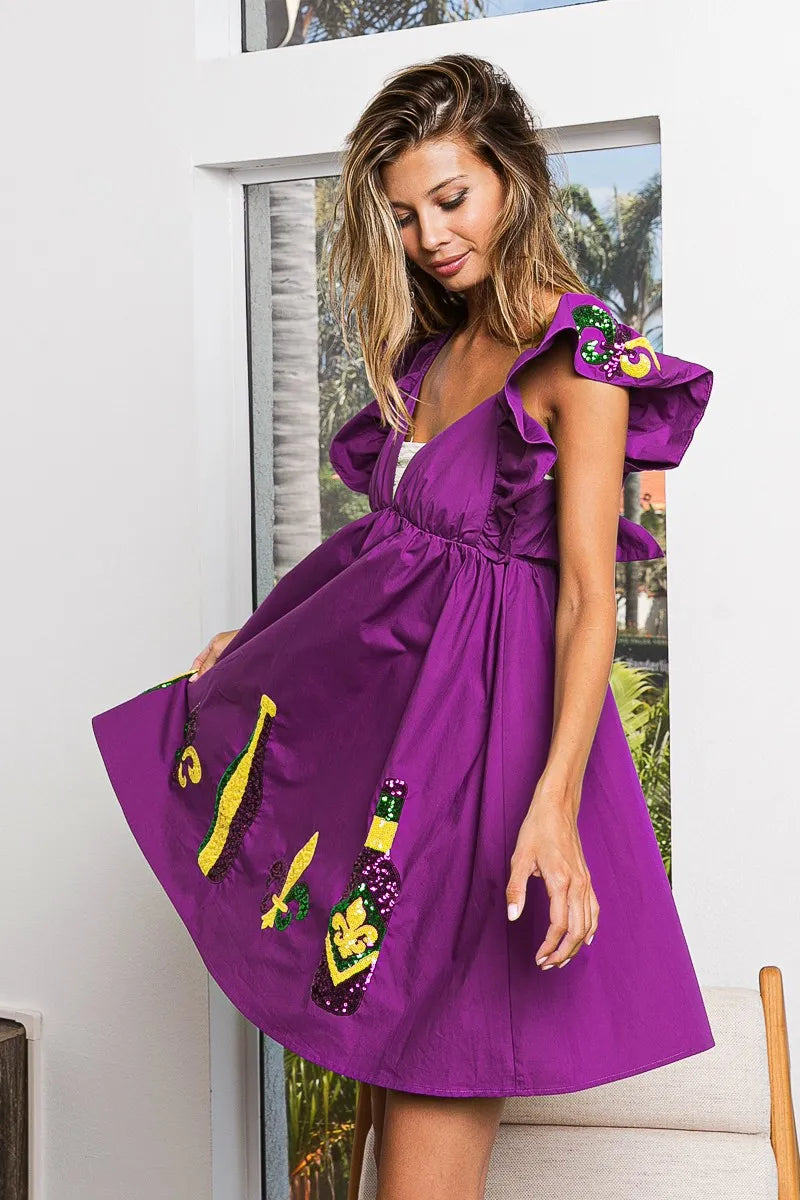 Image of BiBi Mardi Gras Sequin Embroidery Ruffled Dress | Queeble.shop