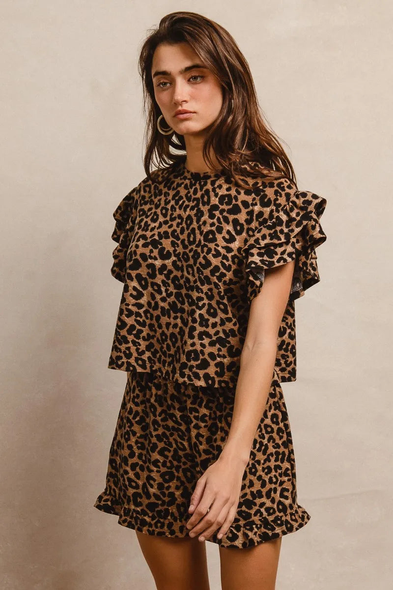 Image of BiBi Leopard Print Waffle Texture Layered Ruffle Sleeve Top and Shorts Set | Queeble.shop