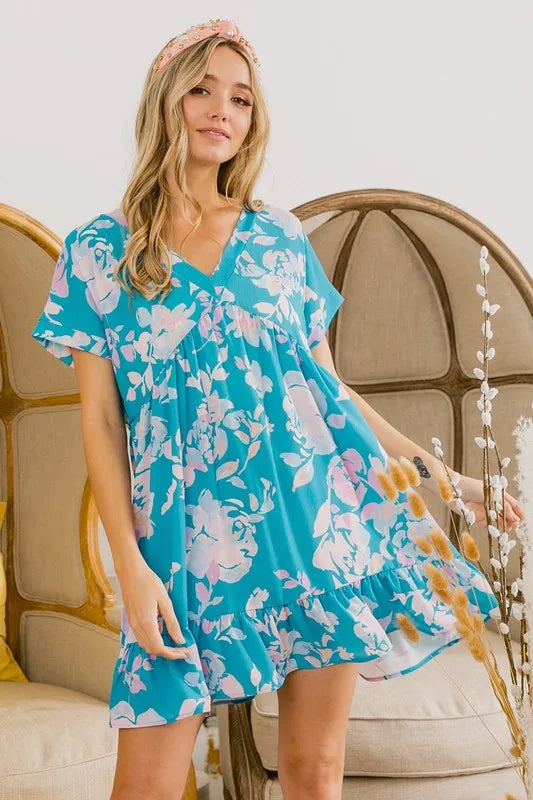 Image of BiBi Floral Crinkle Shirred Ruffle Detail V Neck Dress | Queeble.shop