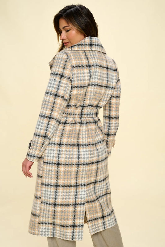 Image of Coalition LA Double-Breasted Plaid Coat with Belt | Queeble.shop