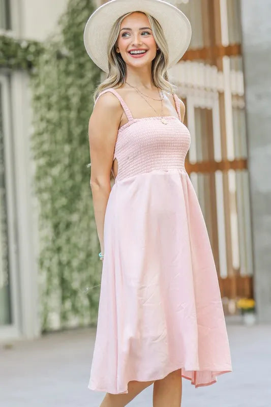 Image of And The Why Smocking Open-Back Sleeveless Midi Dress | Queeble.shop