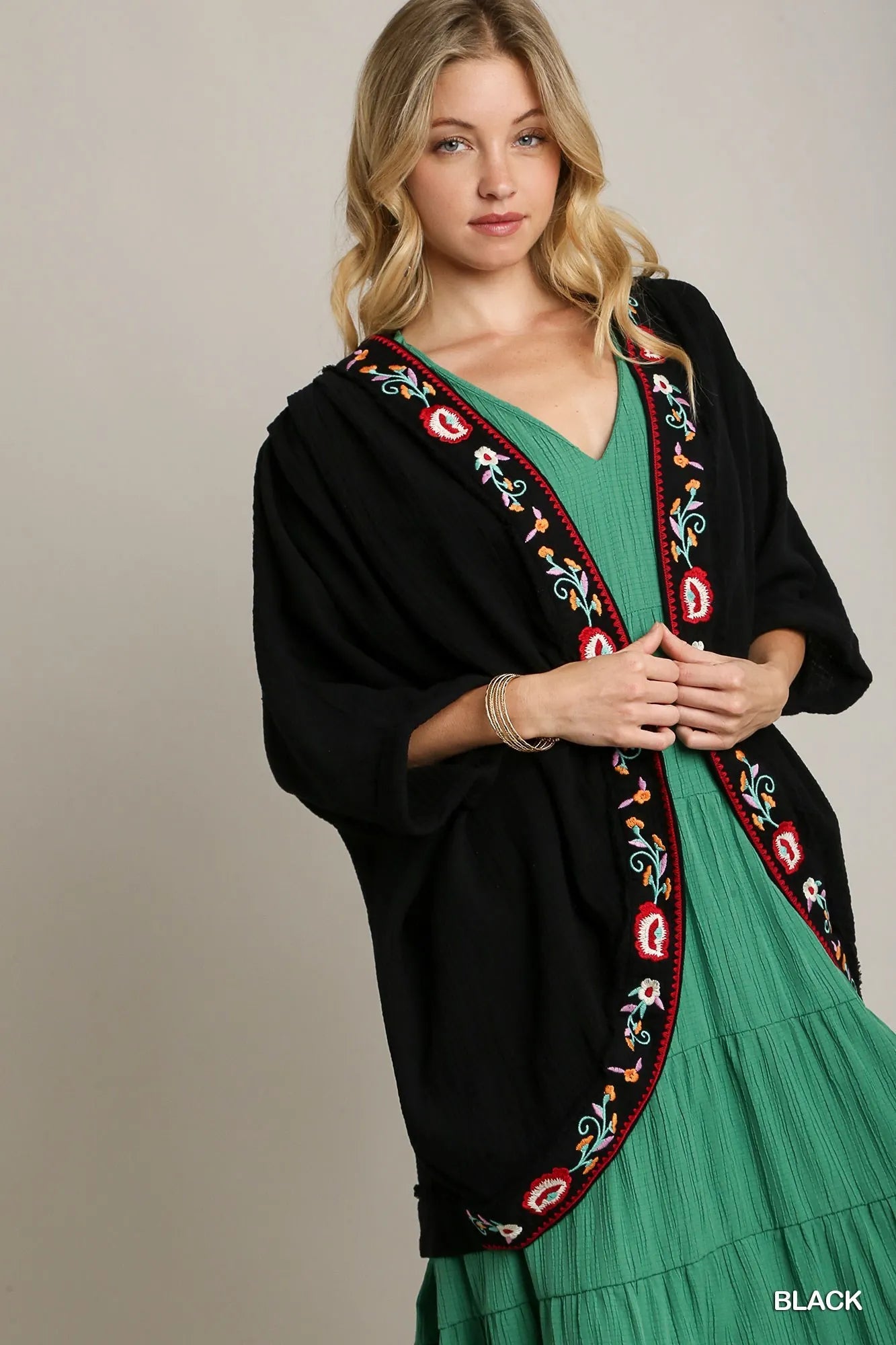 Image of Umgee Embroidery Open Front Kimono with Pleated Shoulder Detail | Queeble.shop
