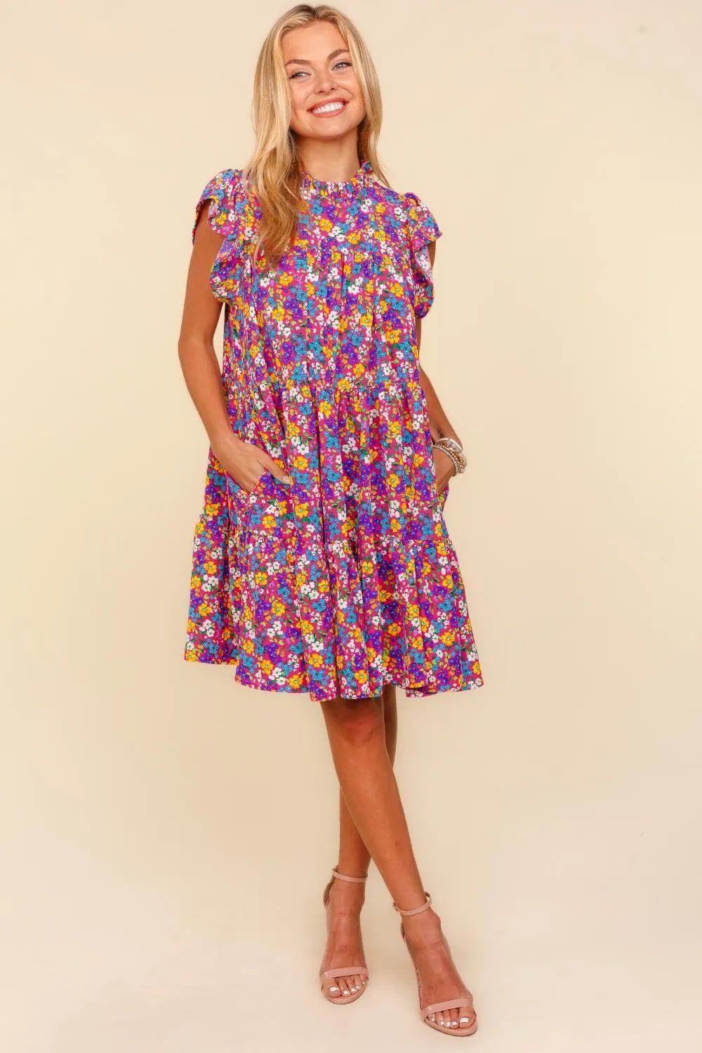 Image of Haptics Frilled Mock Neck Ditsy Floral Dress | Queeble.shop