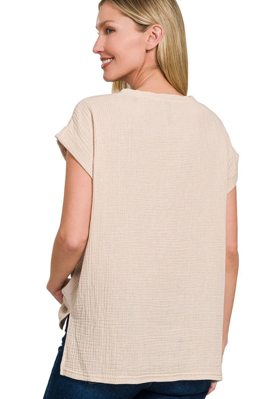 Image of Zenana Double Gauze Round Neck Folded Short Sleeve Top | Queeble.shop