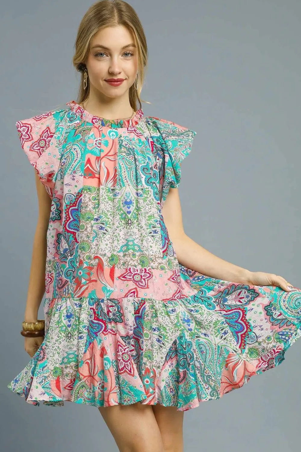 Image of Umgee Printed Ruffle Cap Sleeve Mini Dress | Queeble.shop