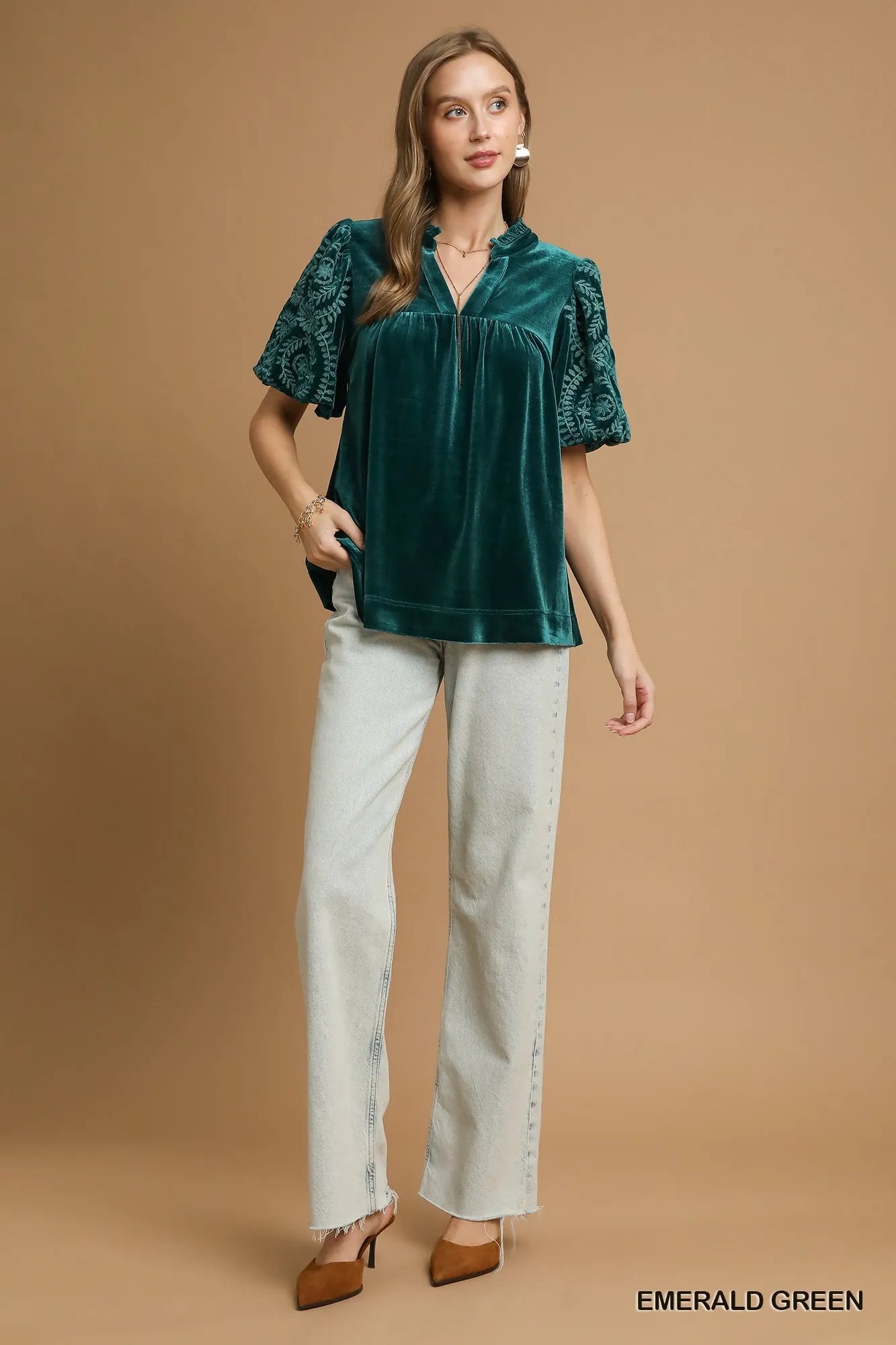 Image of Umgee Velvet Embroidered Sleeve Blouse | Queeble.shop