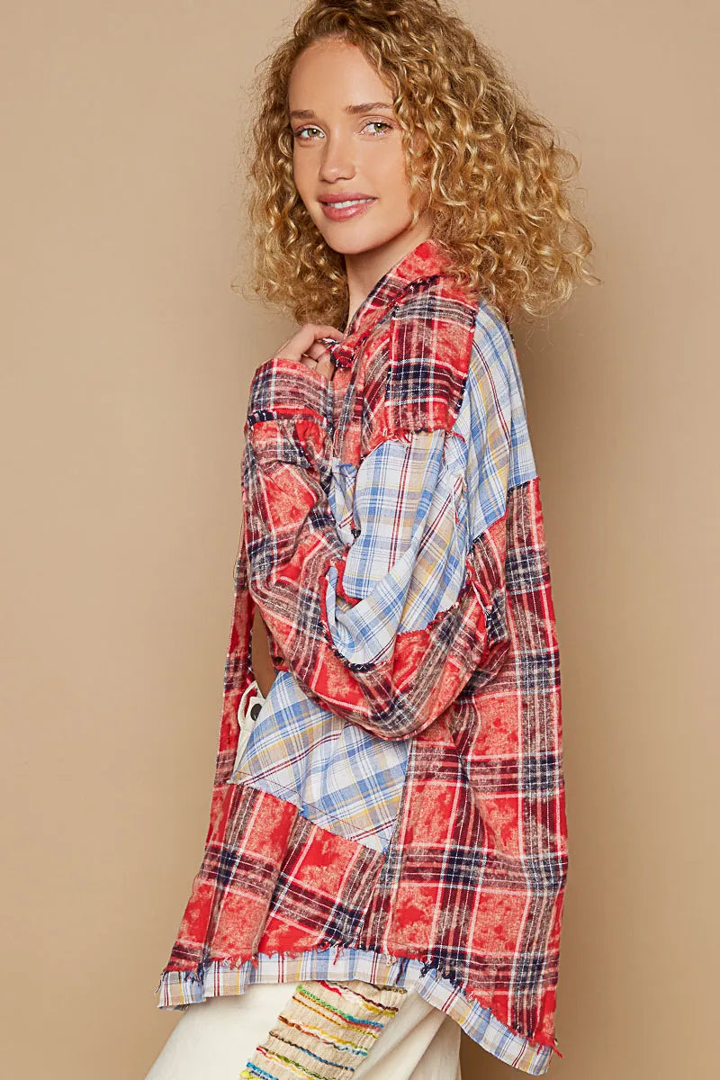 Image of POL Plaid Patchwork Long Sleeve Shirt with Raw Edge Detail | Queeble.shop