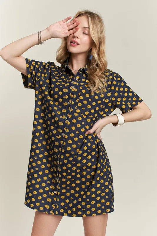 Image of ADORA Floral Button-Up Mini Denim Dress | Queeble.shop