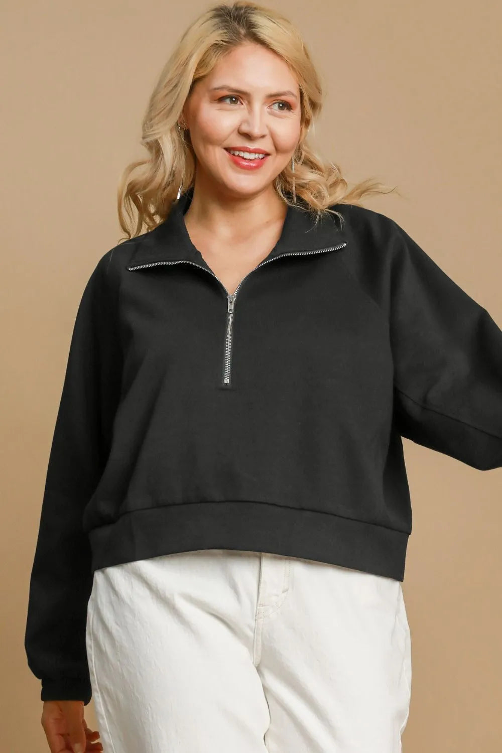 Image of Umgee Full Size Half Zip Cropped Sweatshirt Plus Size | Queeble.shop