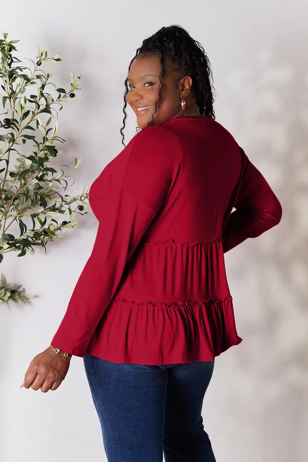 Image of Double Take Half Button Long Sleeve Ruffle Hem Blouse | Queeble.shop