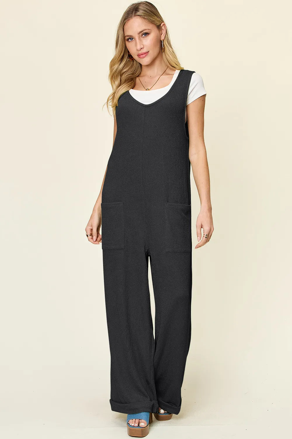 Image of Double Take Full Size Texture Sleeveless Wide Leg Jumpsuit | Queeble.shop