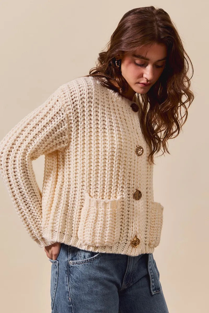 Image of SO ME Metal Button Long Sleeve Chunky Sweater Cardigan | Queeble.shop