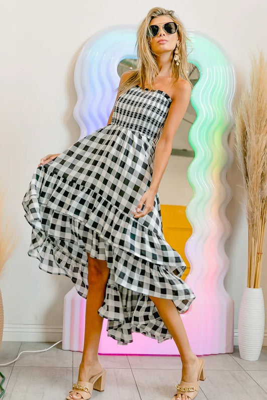 Image of BiBi Smocked Body Off Shoulder Check Dress | Queeble.shop