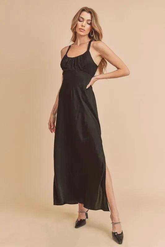 Image of Aemi + Co Ruched Side Slit Cutout Back Maxi Cami Dress | Queeble.shop