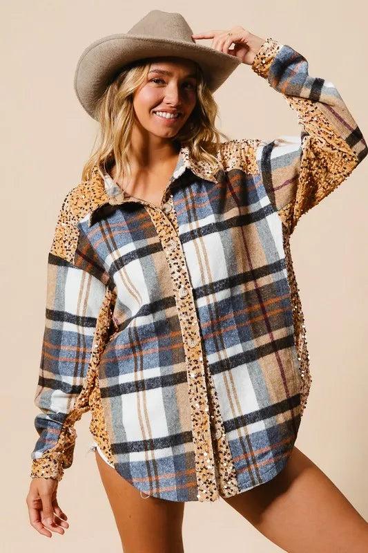 Image of BiBi Curved Hem Sequin Plaid Button Up Shacket | Queeble.shop