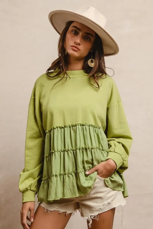 Image of BiBi French Terry and Woven Mixed Tiered Top | Queeble.shop