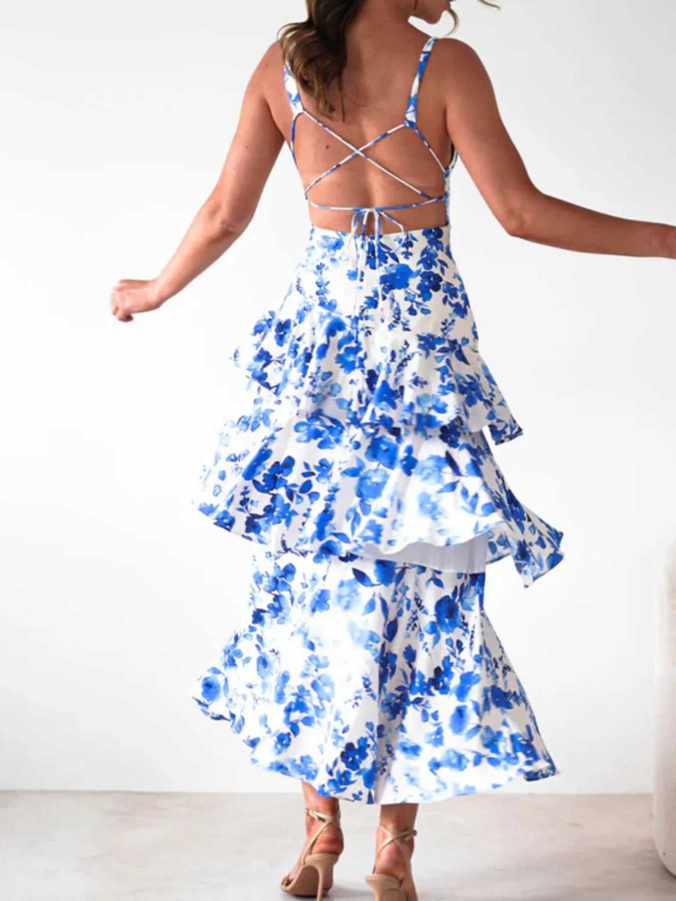 Image of Ruffled Layered Floral Deep V-Neck Dress | Queeble.shop