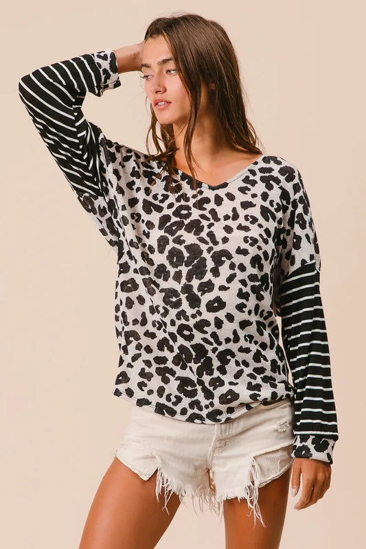 Image of BiBi Leopard Hacci Knit Twist Back Top With Stripe Sleeve | Queeble.shop