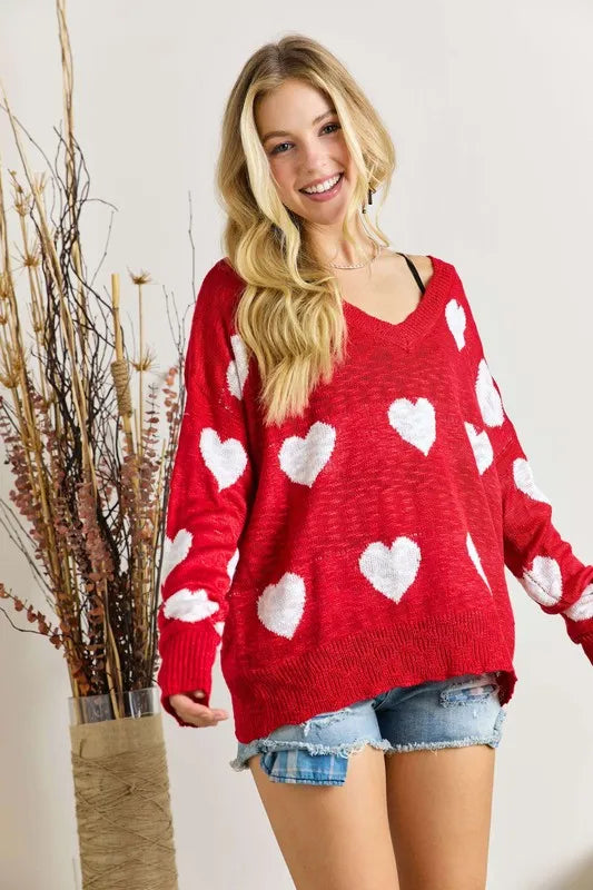 Image of ADORA Full Size Heart V-Neck Knit Top Plus Size | Queeble.shop