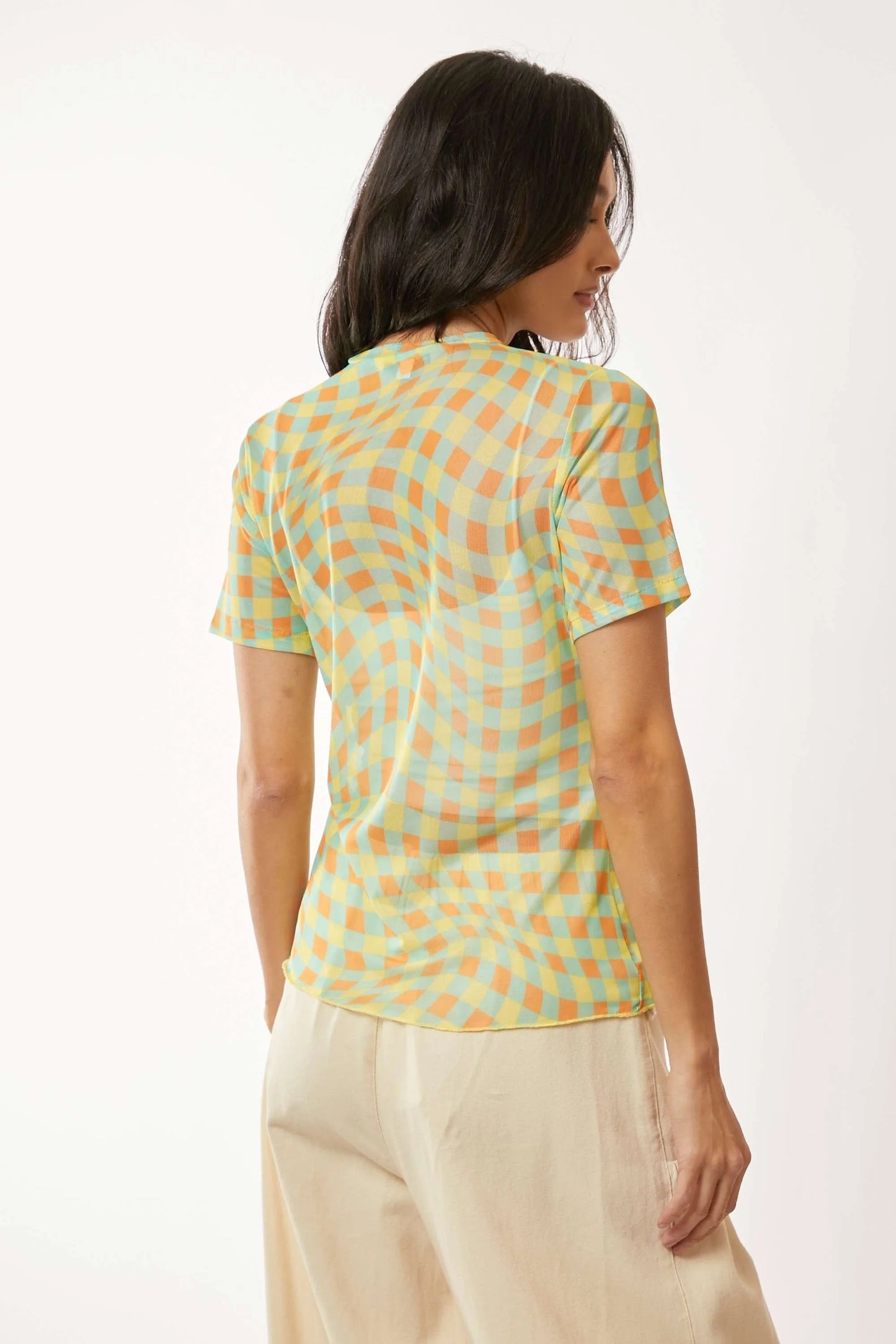 Image of Davi & Dani Checker Board Printed Mesh Short Sleeve Top | Queeble.shop