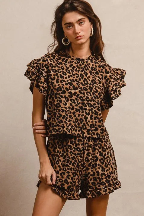 Image of BiBi Leopard Print Waffle Texture Layered Ruffle Sleeve Top and Shorts Set | Queeble.shop