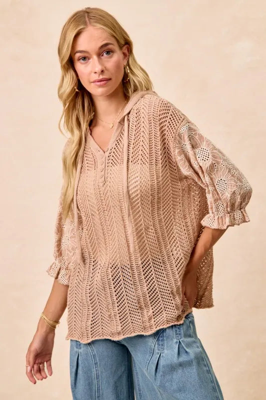 Image of BiBi Jacquard Flower Puff Sleeve Hooded Knit Top | Queeble.shop