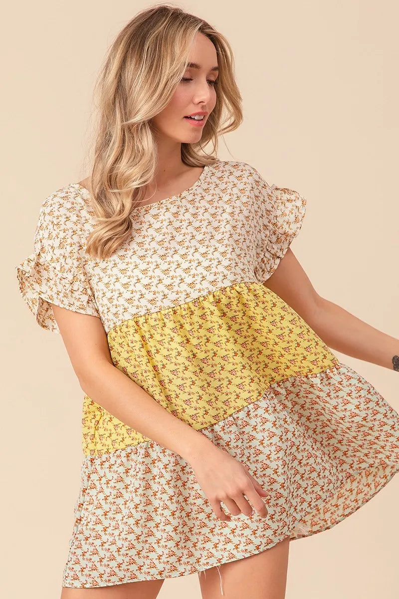 Image of BiBi Flroal Printed Woven Color Block and Tiered Top | Queeble.shop