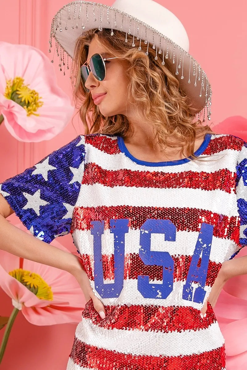 Image of BiBi American Flag Theme Usa Print Sequin Dress | Queeble.shop