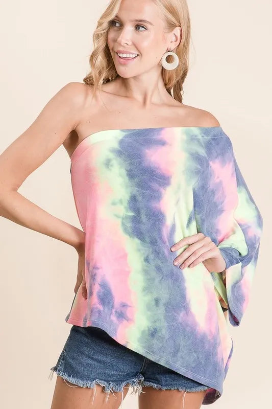 Image of BiBi Tie Dye French Terry One Shoulder Top with Dolman | Queeble.shop