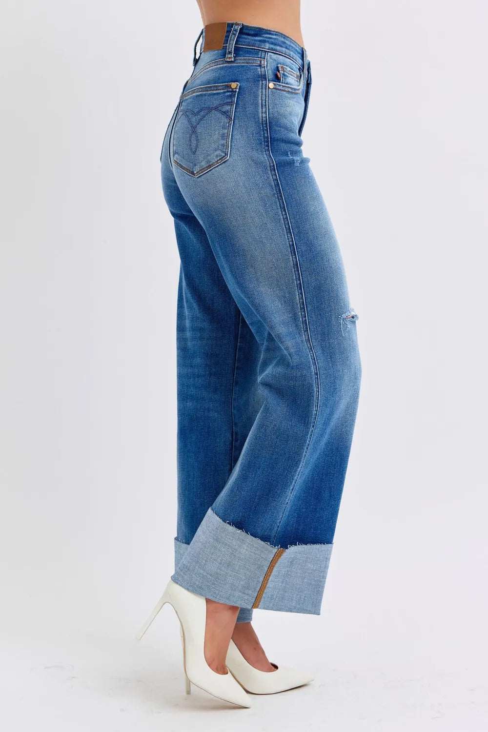 Image of Judy Blue Full Size Distressed High Waist Wide Leg Jeans | Queeble.shop
