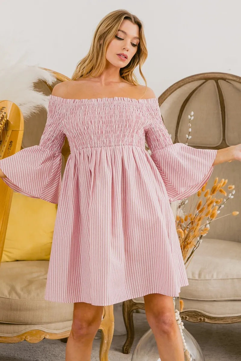 Image of BiBi Smocked Off Shoulder Striped Dress | Queeble.shop