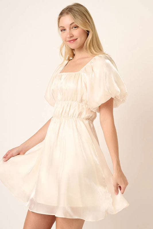 Image of Mittoshop Metallic Organza Fabric Balloon Sleeve Mini Dress | Queeble.shop