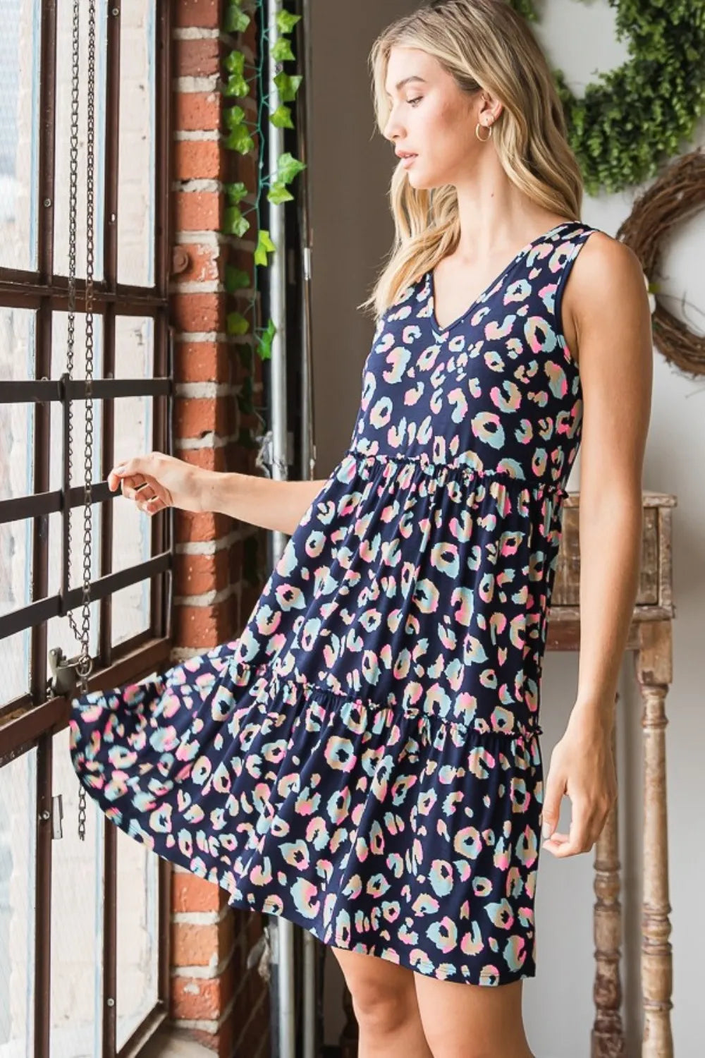 Image of Heimish Full Size Leopard V-Neck Ruffled Tank Dress | Queeble.shop