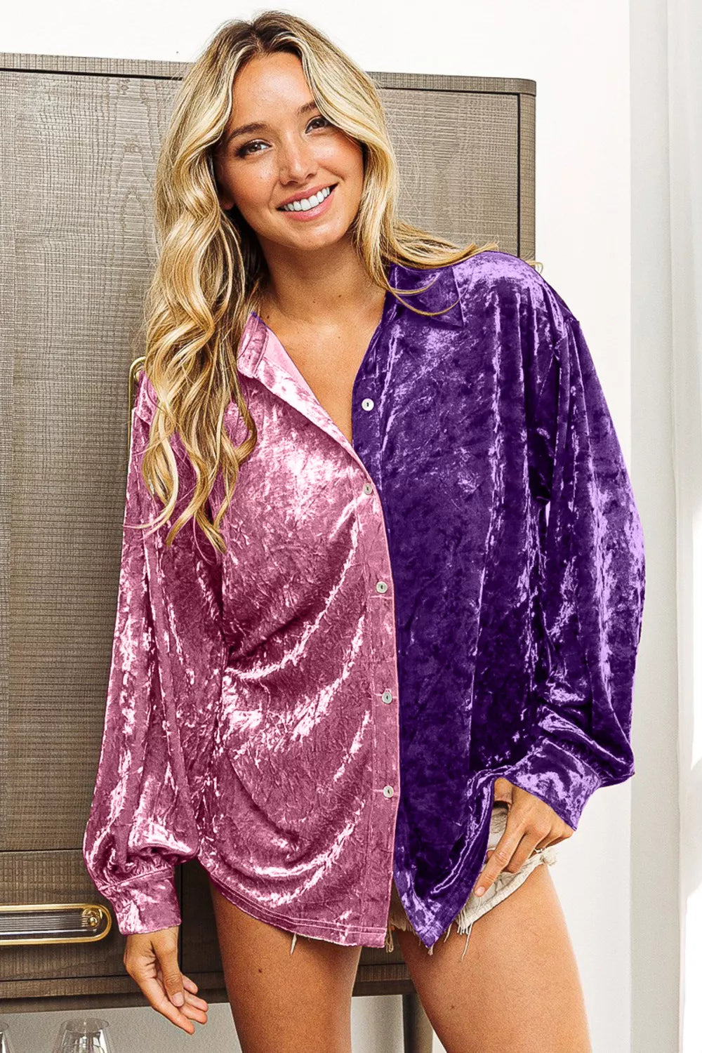 Image of BiBi Contrast Button Up Long Sleeve Shirt | Queeble.shop