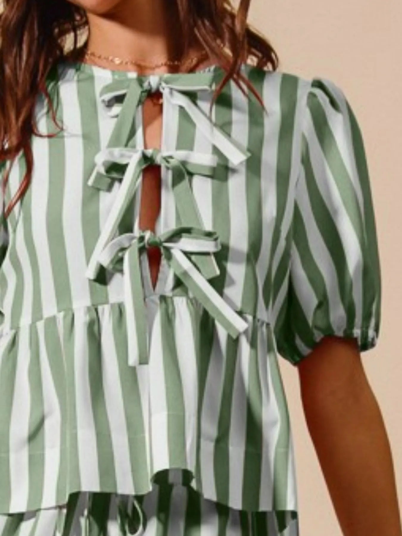 Image of SO ME Front Tie Stripe Puff Sleeves Top and Wide Leg Pants Set | Queeble.shop