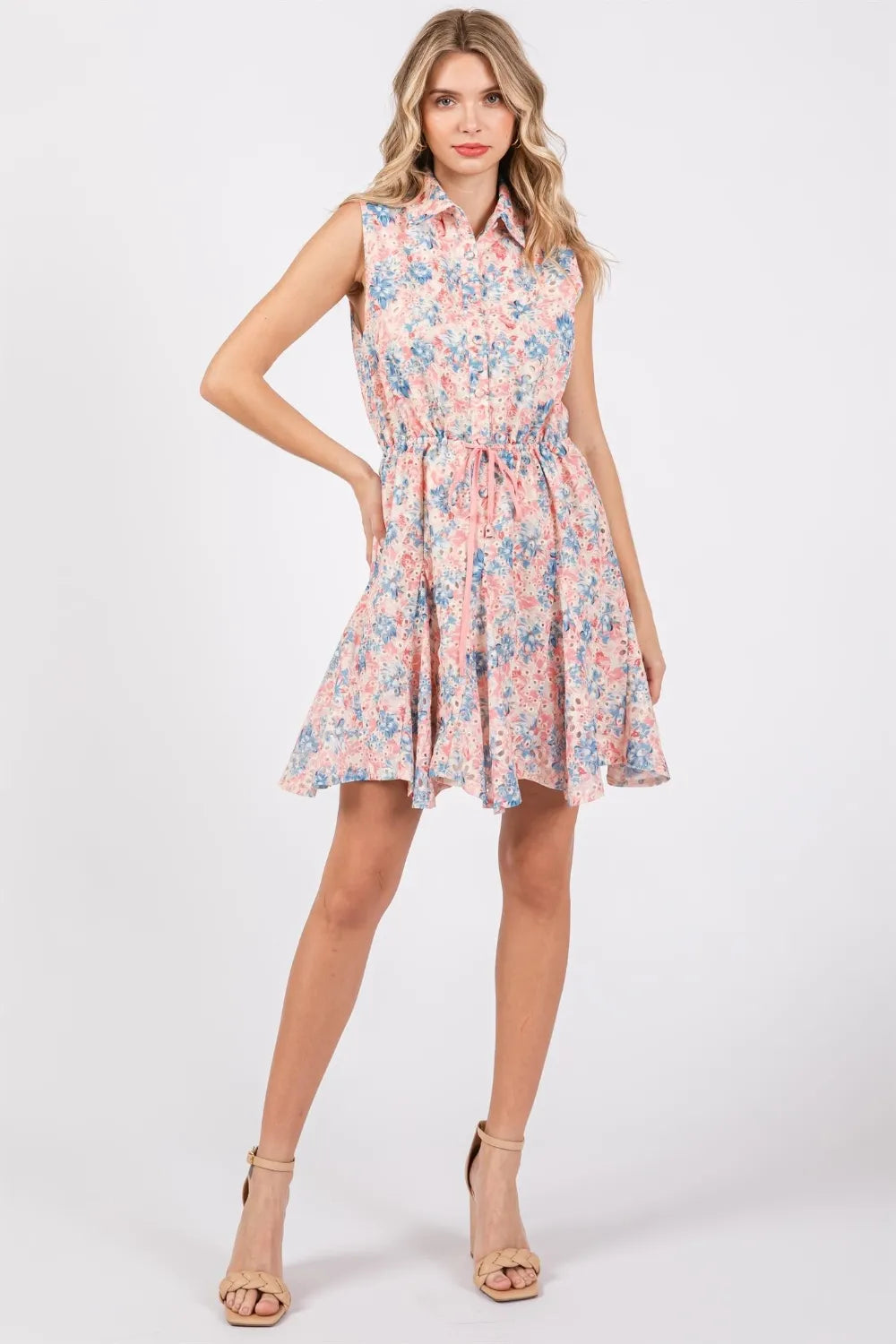 Image of GeeGee Full Size Floral Eyelet Sleeveless Mini Dress | Queeble.shop