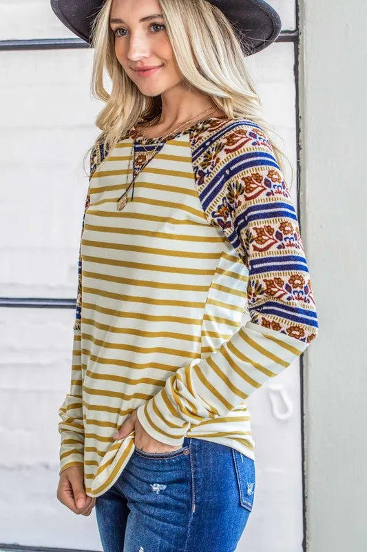 Image of And The Why Stripe Ethnic Print Raglan Top | Queeble.shop