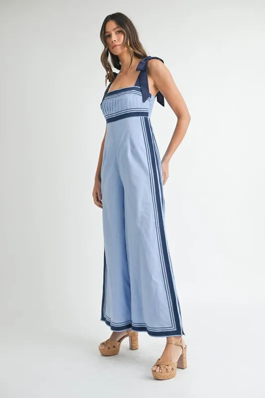 Image of MABLE Linen Mix Chevron Sail Shoulder Strap Jumpsuit | Queeble.shop