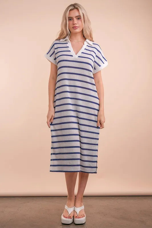 Image of VERY J Oversized Collared Striped Knit Midi Dress | Queeble.shop