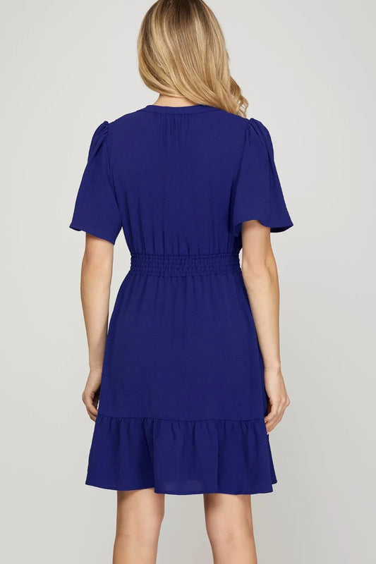 Image of She + Sky Ruffled Hem Notched Flutter Sleeve Mini Dress | Queeble.shop
